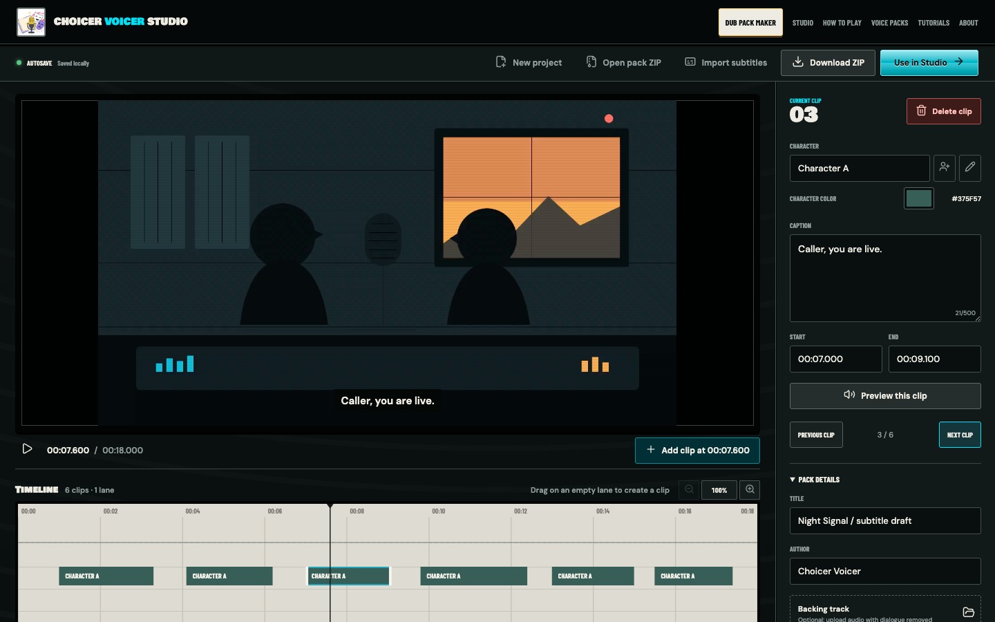 Six imported subtitle cues in Pack Maker